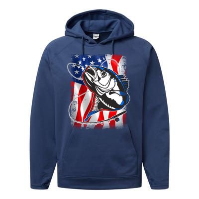 American USA Flag Bass Fishing Fan Performance Fleece Hoodie