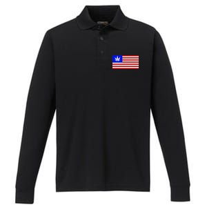 American USA Weed Flag Performance Long Sleeve Polo