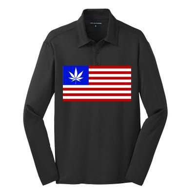 American USA Weed Flag Silk Touch Performance Long Sleeve Polo