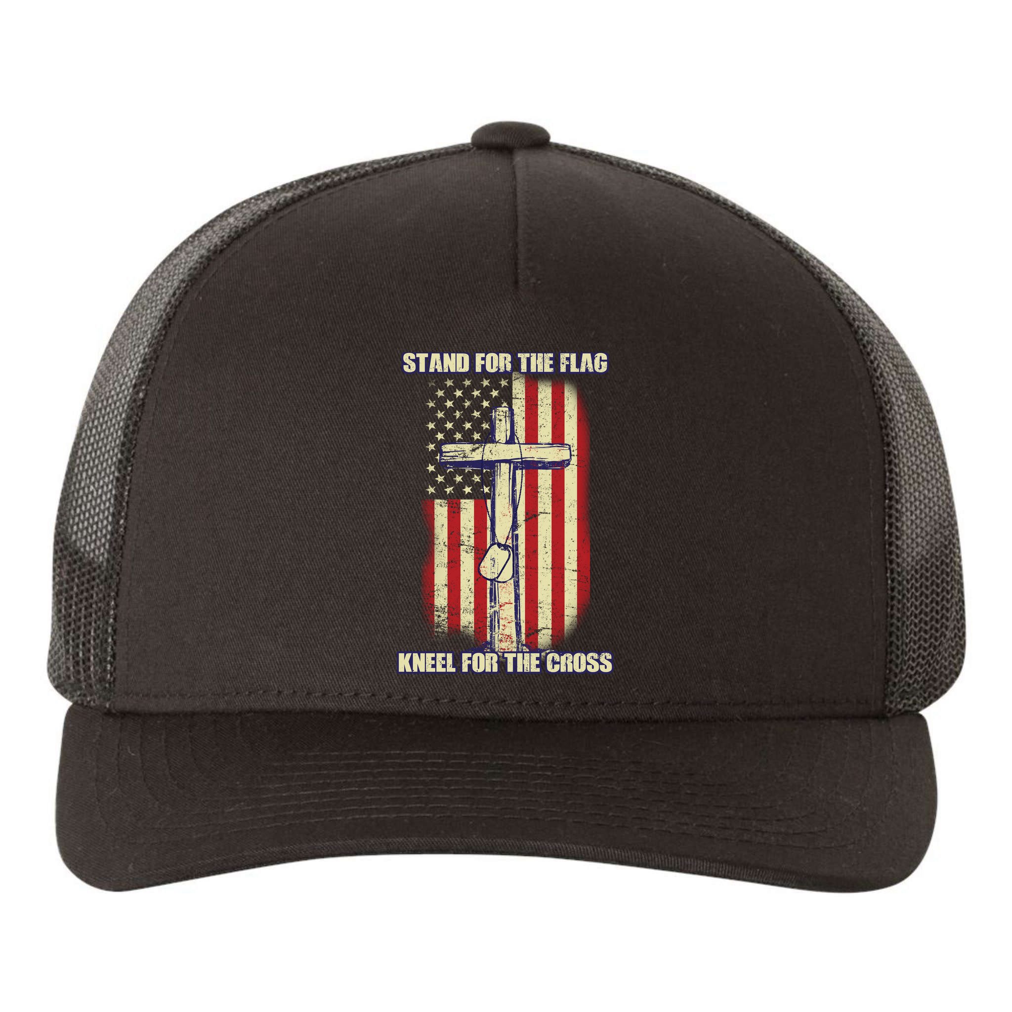 Americans Stand For The Flag Kneel For The Cross Yupoong Adult 5-Panel Trucker Hat