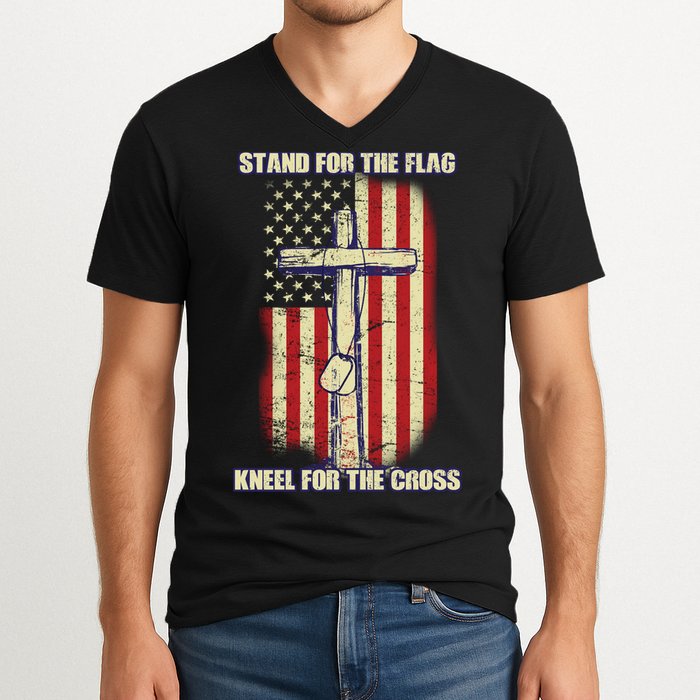 Americans Stand For The Flag Kneel For The Cross V-Neck T-Shirt