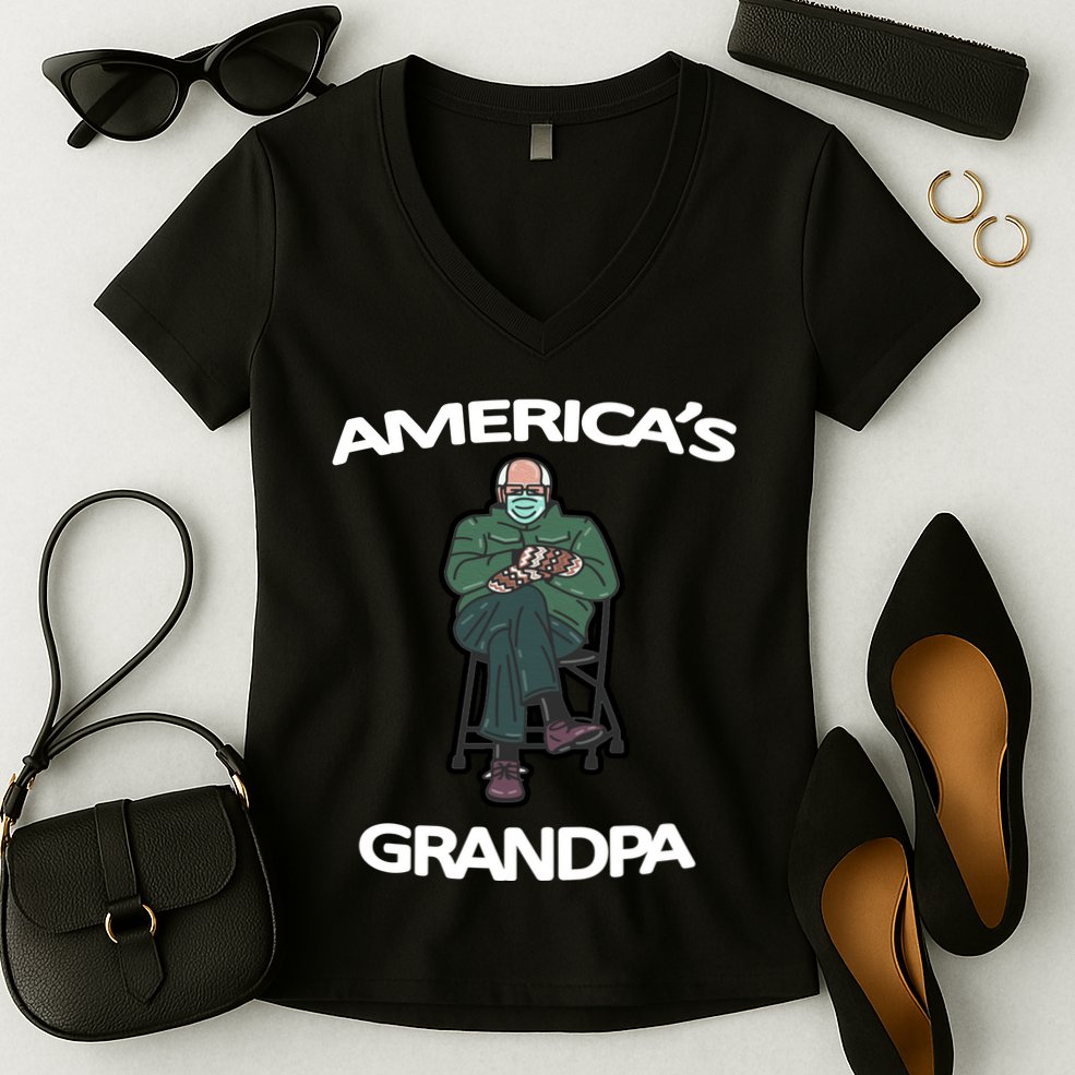 America's Grandpa Bernie Sanders Mitten Meme Women's V-Neck T-Shirt