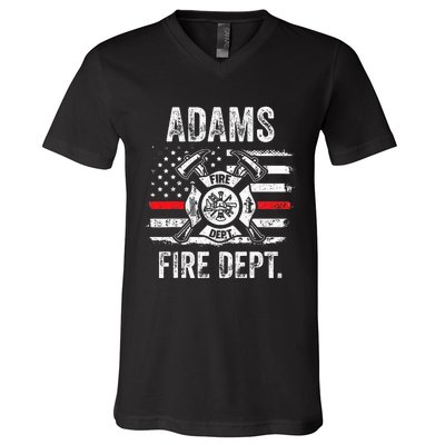 Adams Massachusetts Fire Department Thin Red Line Fireman V-Neck T-Shirt