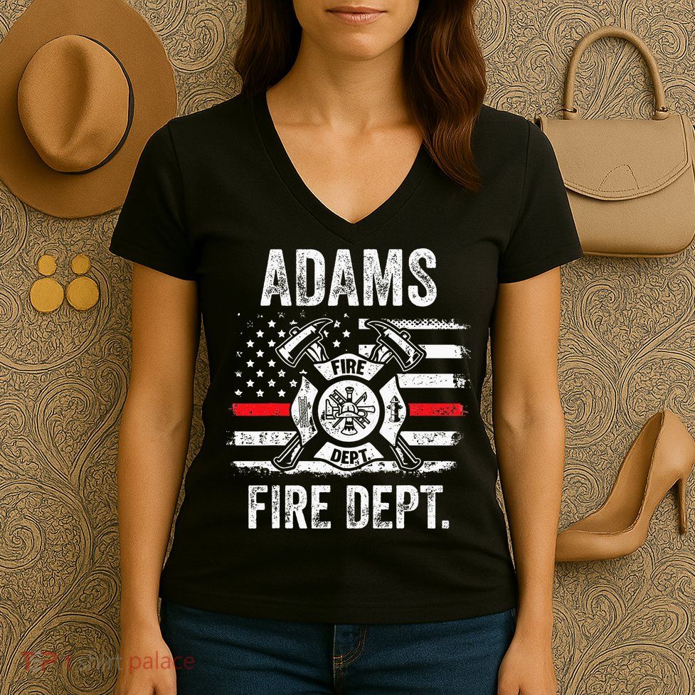 Adams Massachusetts Fire Department Thin Red Line Fireman Women's V-Neck T-Shirt