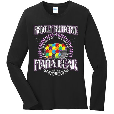 Autism Mom Fiercely Protective Mama Bear Support Ladies Long Sleeve Shirt