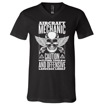 Aircraft Mechanic Flying Tools And Offensive Language, Plane V-Neck T-Shirt