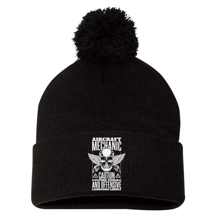 Aircraft Mechanic Flying Tools And Offensive Language, Plane Pom Pom 12in Knit Beanie