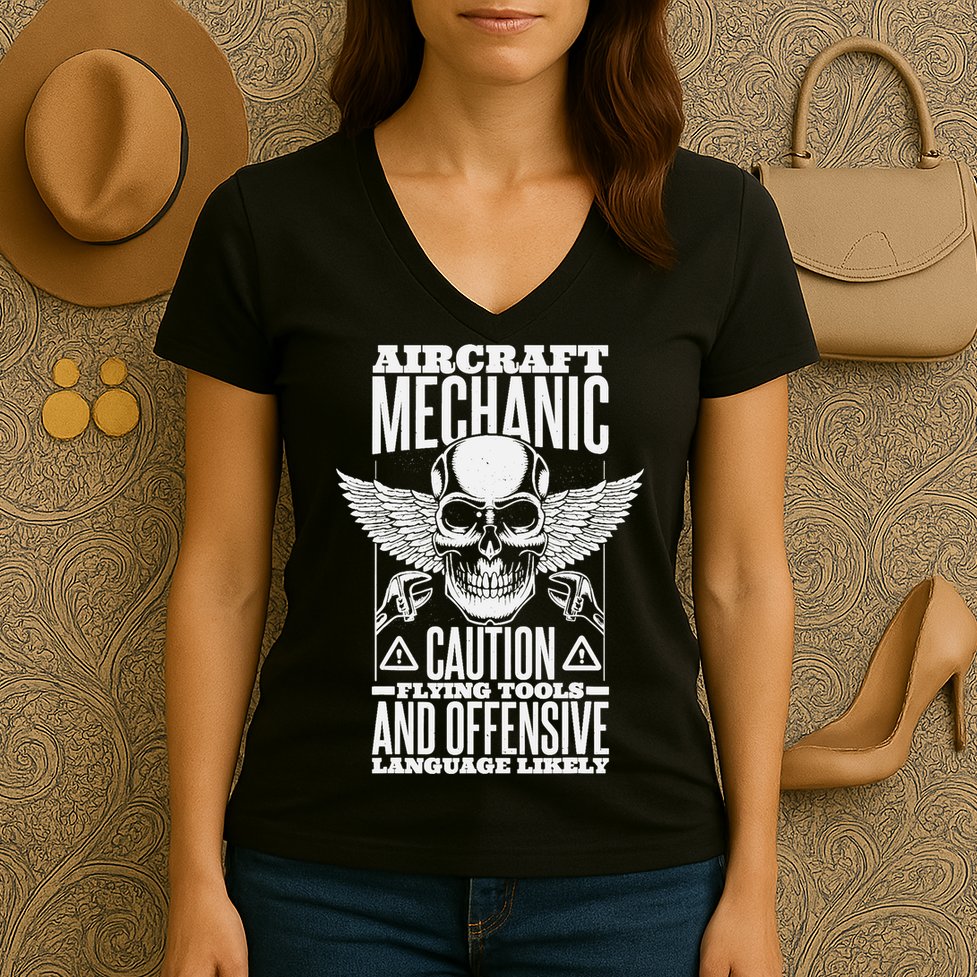 Aircraft Mechanic Flying Tools And Offensive Language, Plane Women's V-Neck T-Shirt