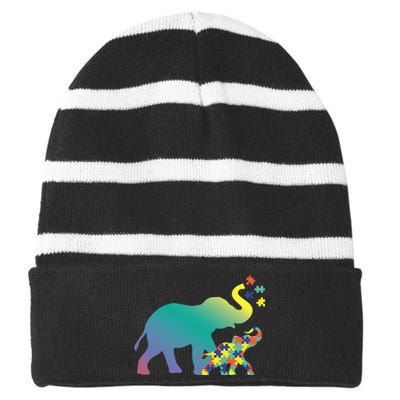 Autism Mom Gift Design Autism Awareness Elephant Striped Beanie with Solid Band