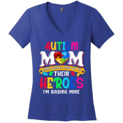 Autism Mom Gift Some People Look Up To Their Heroes Meaningful Gift Women's V-Neck T-Shirt