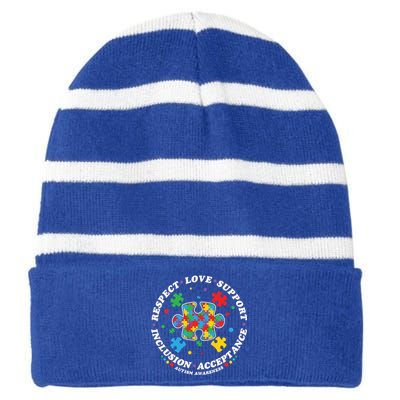 Autism Meaningful Gift Respect Love Support Autism Awareness Cool Gift Striped Beanie with Solid Band