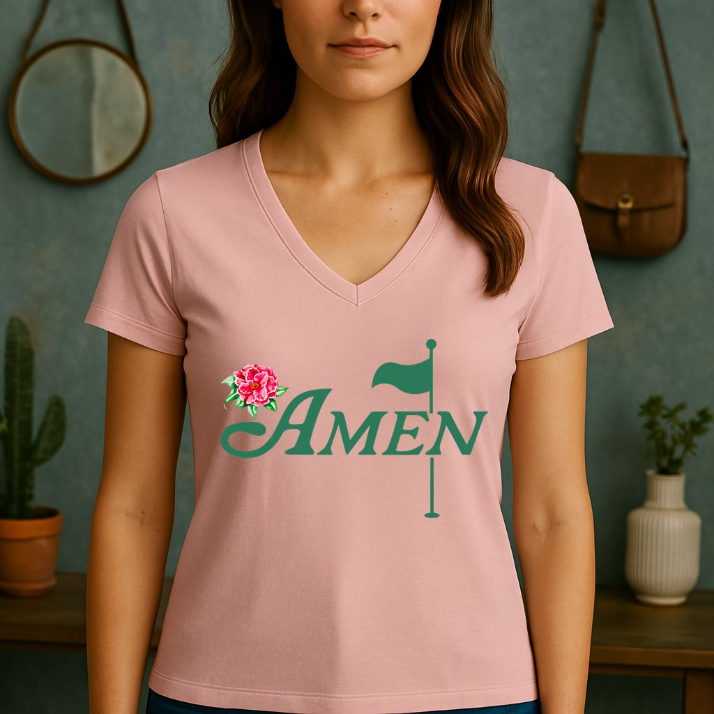 Amen Master Golf Azalea Tournament Pink Golfing Girl Flower Women's V-Neck T-Shirt