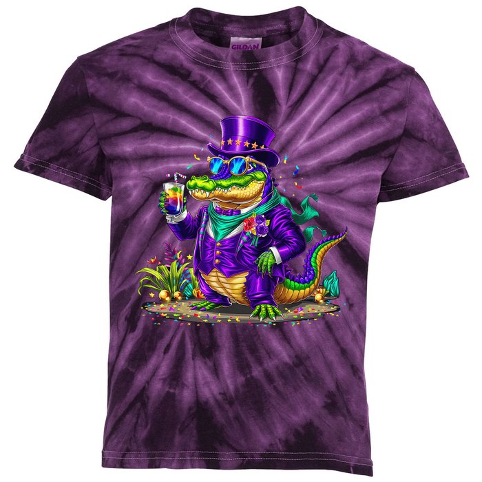 Alligator Mardi Gras Carnival Outfit For Males And Females Kids Tie-Dye T-Shirt