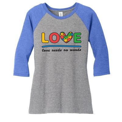 Autism Meaningful Gift Love Needs No Words Gift Women's Tri-Blend 3/4-Sleeve Raglan Shirt