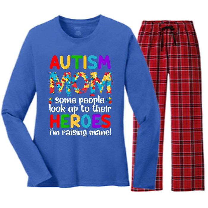 Autism Mom Gift Some People Look Up To Their Heroes Gift Women's Long Sleeve Flannel Pajama Set 