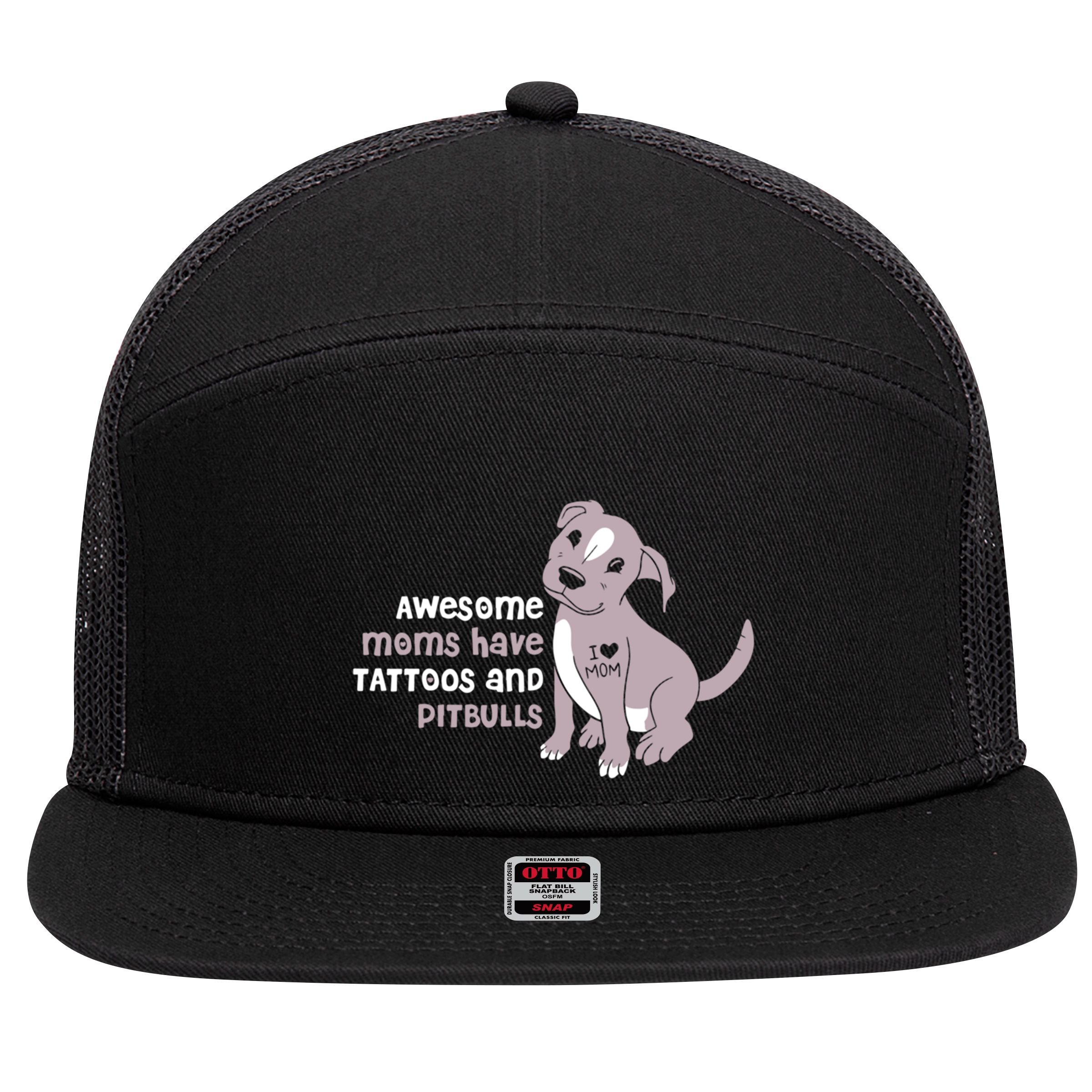 Awesome Moms Have Tattoos And Pitbulls Pit Bull Terrier Meaningful Gift 7 Panel Mesh Trucker Snapback Hat