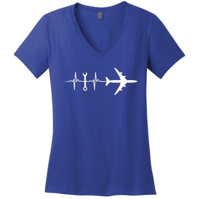 Airplane Mechanic Heartbeat Plane Planes Gift Women's V-Neck T-Shirt