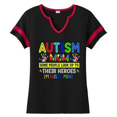 Autism Mom I'm Raising My Hero Awareness Puzzle Ladies Halftime Notch Neck Tee