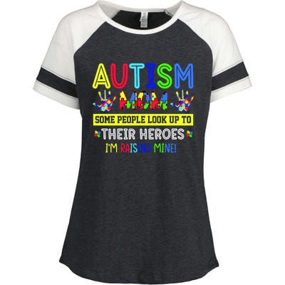 Autism Mom I'm Raising My Hero Awareness Puzzle Enza Ladies Jersey Colorblock Tee