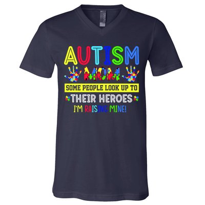 Autism Mom I'm Raising My Hero Awareness Puzzle V-Neck T-Shirt