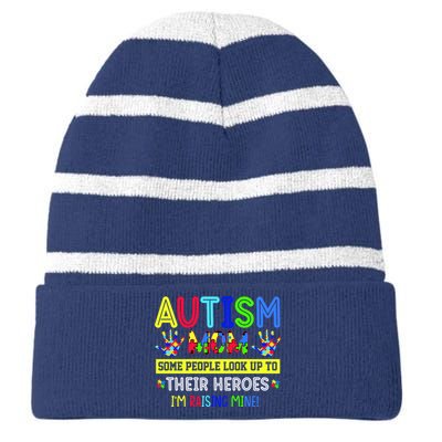 Autism Mom I'm Raising My Hero Awareness Puzzle Striped Beanie with Solid Band