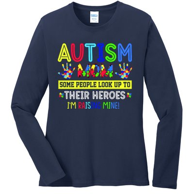 Autism Mom I'm Raising My Hero Awareness Puzzle Ladies Long Sleeve Shirt