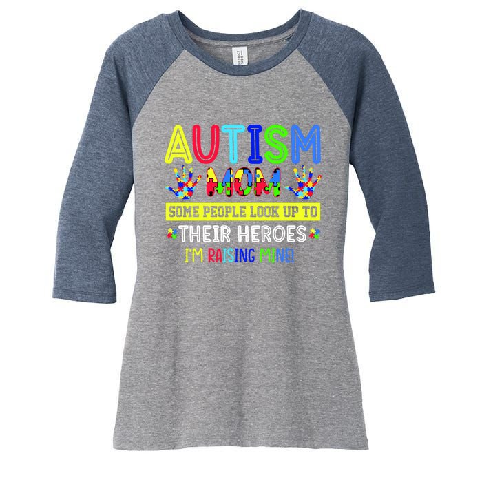 Autism Mom I'm Raising My Hero Awareness Puzzle Women's Tri-Blend 3/4-Sleeve Raglan Shirt