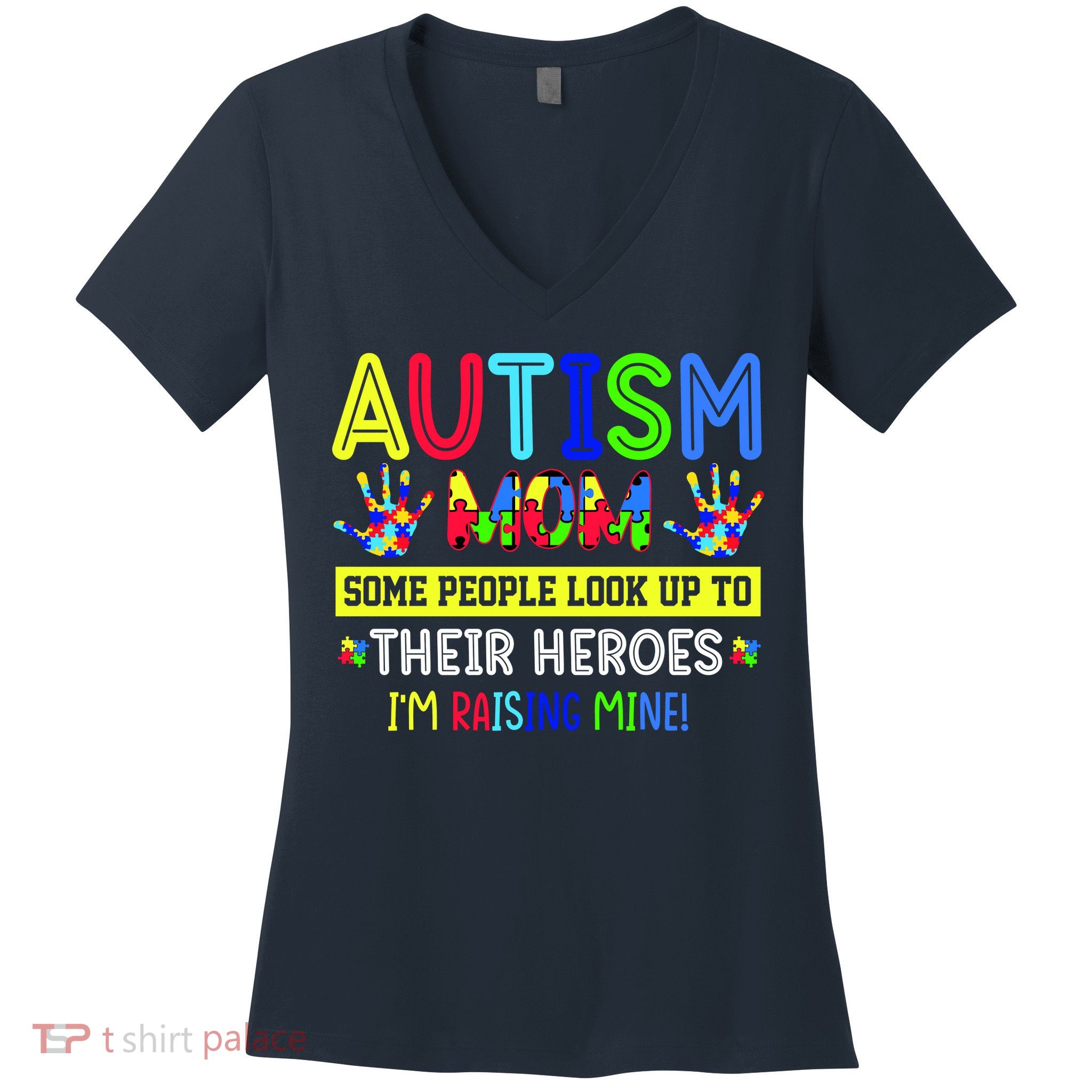Autism Mom I'm Raising My Hero Awareness Puzzle Women's V-Neck T-Shirt