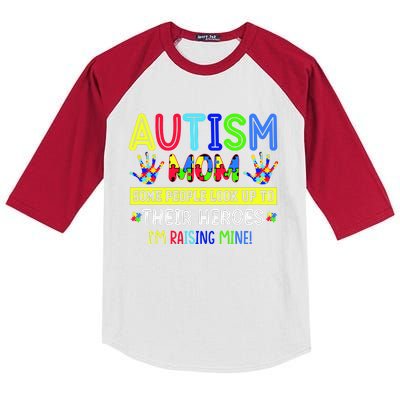 Autism Mom I'm Raising My Hero Awareness Puzzle Kids Colorblock Raglan Jersey