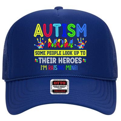 Autism Mom I'm Raising My Hero Awareness Puzzle High Crown Mesh Back Trucker Hat