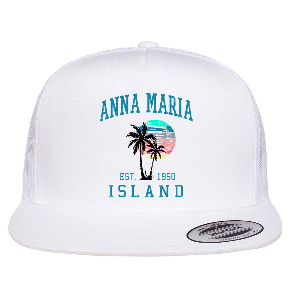 Anna Maria Island Florida Vintage Beach Palm Trees Summer Flat Bill Trucker Hat
