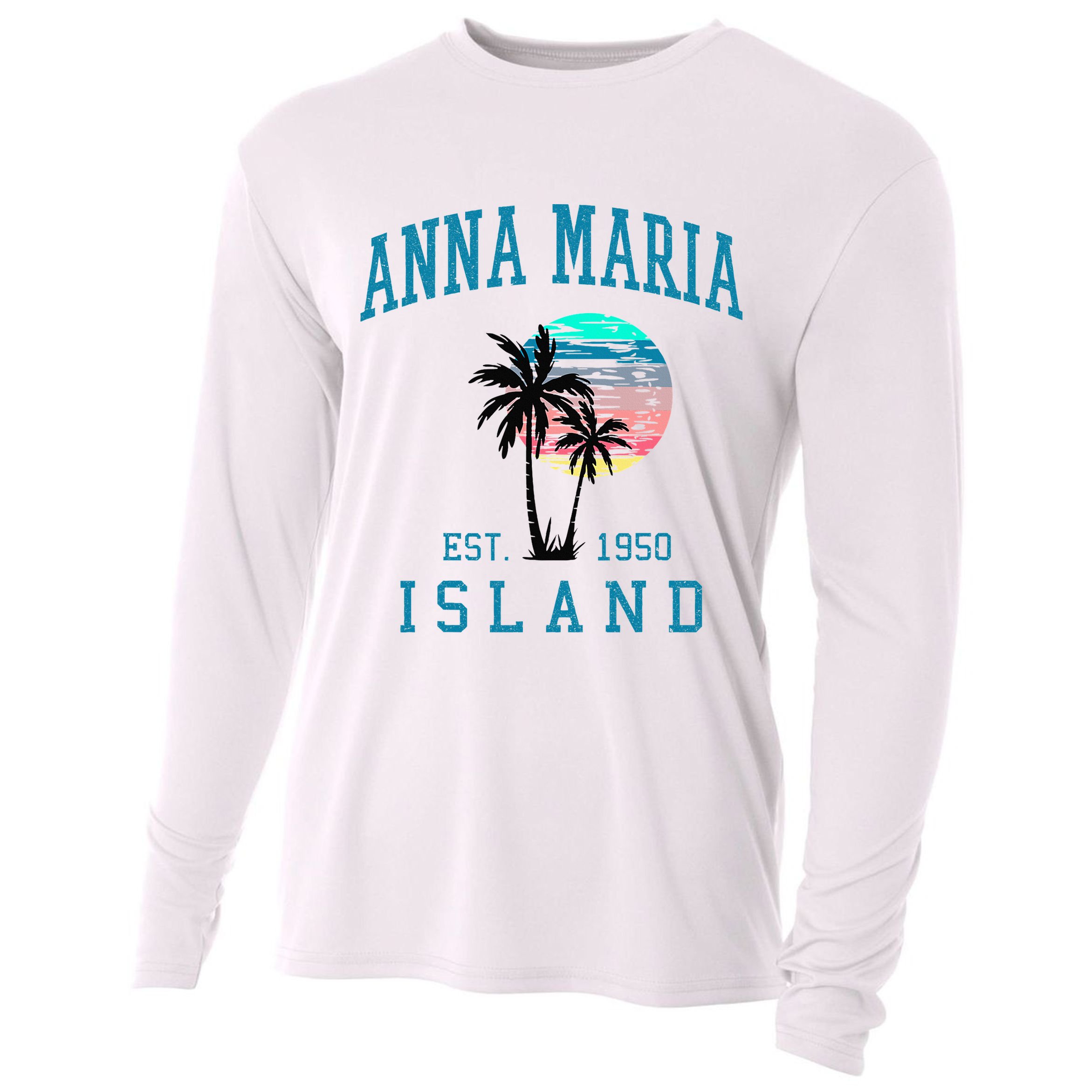 Anna Maria Island Florida Vintage Beach Palm Trees Summer Cooling Performance Long Sleeve Crew