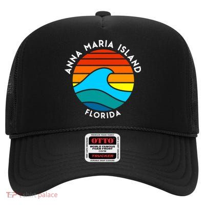 Anna Maria Island Florida Retro Wave Gift High Crown Mesh Back Trucker Hat