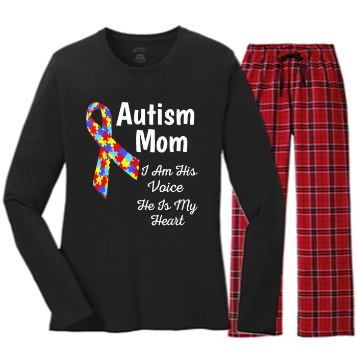 Autism Mom I Am His Voice He Is My Heart Women's Long Sleeve Flannel Pajama Set 