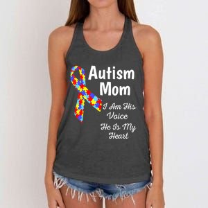 Autism Mom I Am His Voice He Is My Heart Women's Knotted Racerback Tank