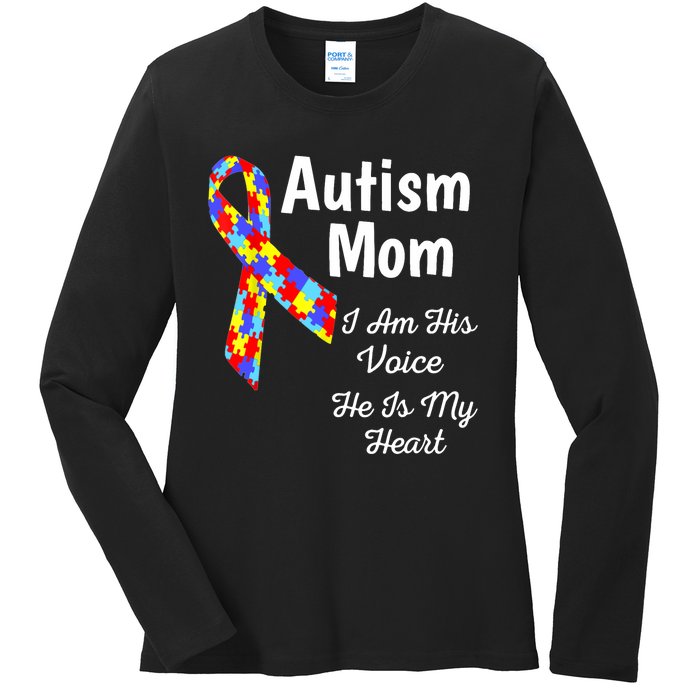 Autism Mom I Am His Voice He Is My Heart Ladies Long Sleeve Shirt