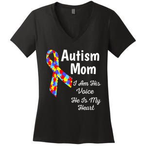 Autism Mom I Am His Voice He Is My Heart Women's V-Neck T-Shirt