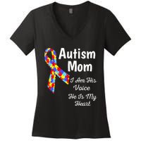 Autism Mom I Am His Voice He Is My Heart Women's V-Neck T-Shirt