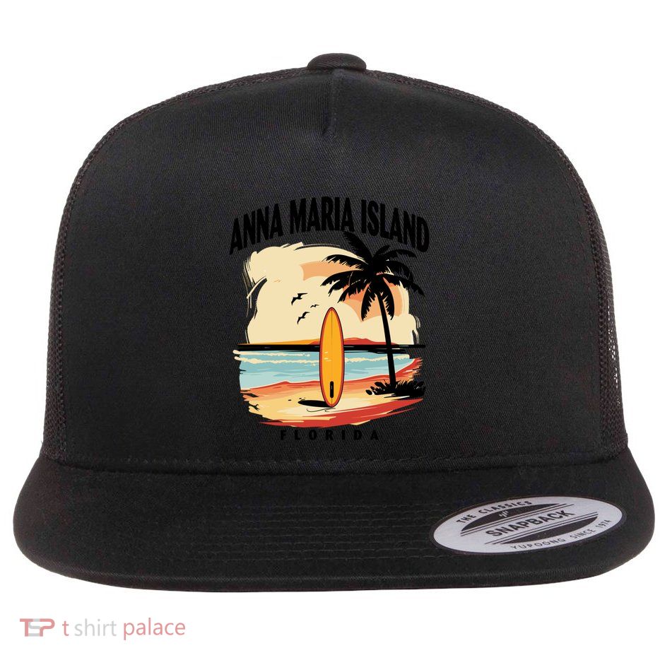 Anna Maria Island Beach Florida Surfboard Surfing Gift Flat Bill Trucker Hat