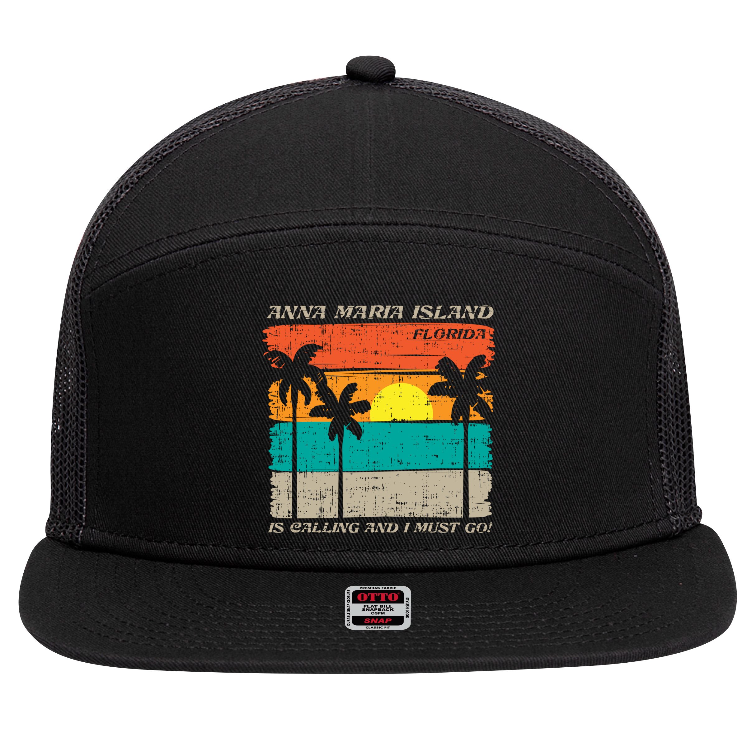 Anna Maria Island Florida Vintage Beach Retro Sunset Gift 7 Panel Mesh Trucker Snapback Hat
