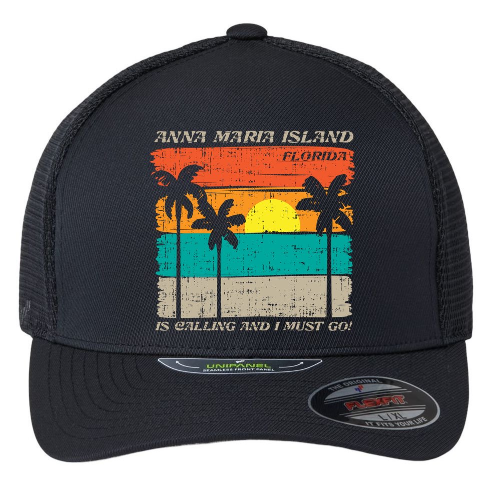Anna Maria Island Florida Vintage Beach Retro Sunset Gift Flexfit Unipanel Trucker Cap