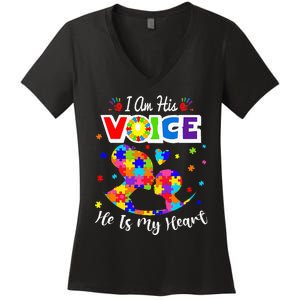 Autism Mom IM His Voice He Is My Heart Autism Awareness Women's V-Neck T-Shirt