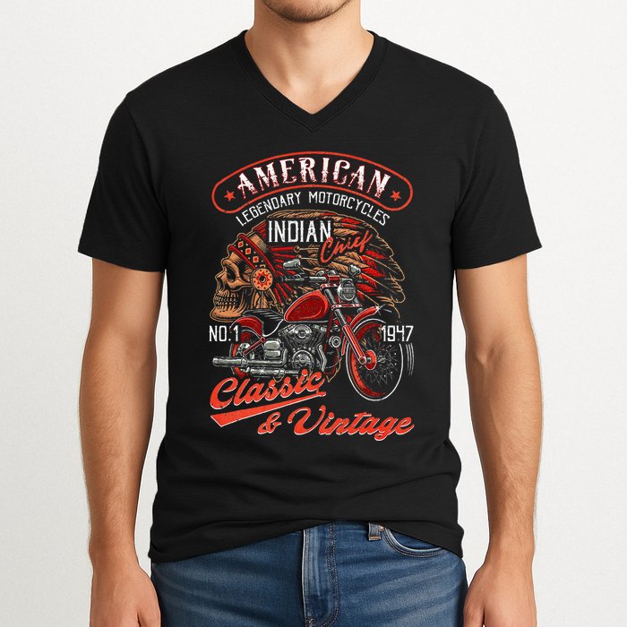 American M.O.T.O.R.C.Y.C.L.E I.N.D.I.A.N For Old Biker V-Neck T-Shirt