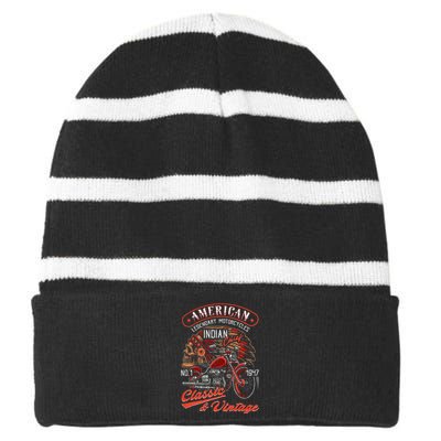 American M.O.T.O.R.C.Y.C.L.E I.N.D.I.A.N For Old Biker Striped Beanie with Solid Band