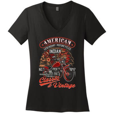 American M.O.T.O.R.C.Y.C.L.E I.N.D.I.A.N For Old Biker Women's V-Neck T-Shirt