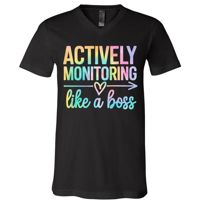 Actively Monitoring Like A Boss State Testing Day Teacher V-Neck T-Shirt