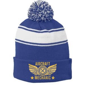 Aircraft Mechanic Logo Badge Aviation Gift Stripe Pom Pom Beanie