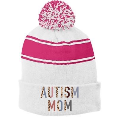 Autism Mom Leopard Print Stripe Pom Pom Beanie