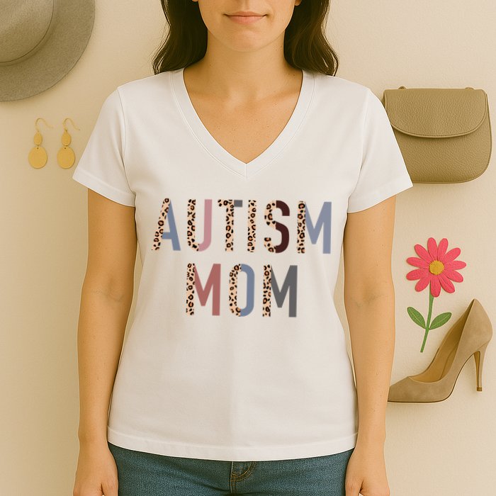 Autism Mom Leopard Print Women's V-Neck T-Shirt
