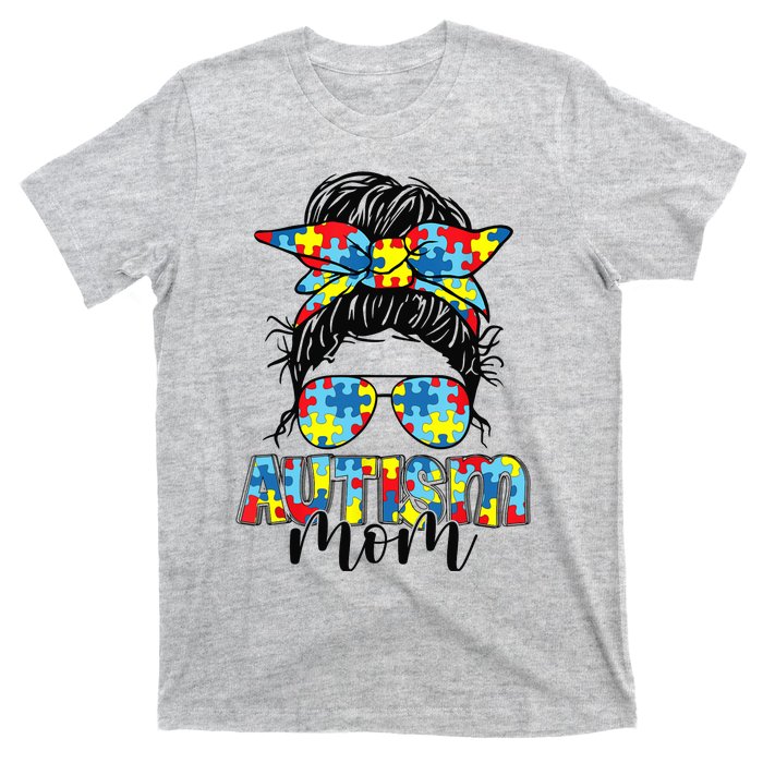 Autism Mom Life Messy Bun Sunglasses Bandana Mother’s Day T-Shirt